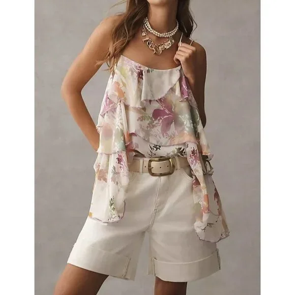 By Anthropologie Tiered Ruffled Blouse Chiffon Light Pastel Floral M - Picture 1 of 5